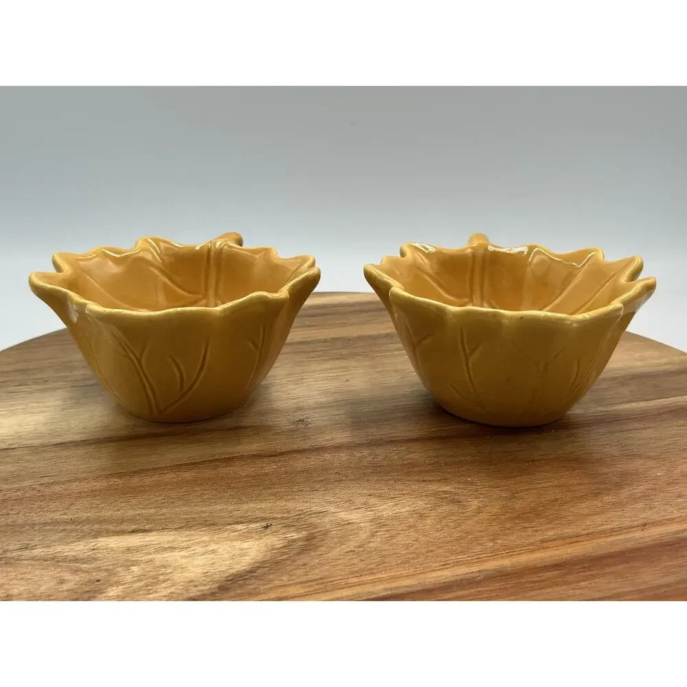 Pier 1 Leaf Bowls Set 2pc Ceramic Appetizer Nut Snack Dishes Mustard Yellow Fall